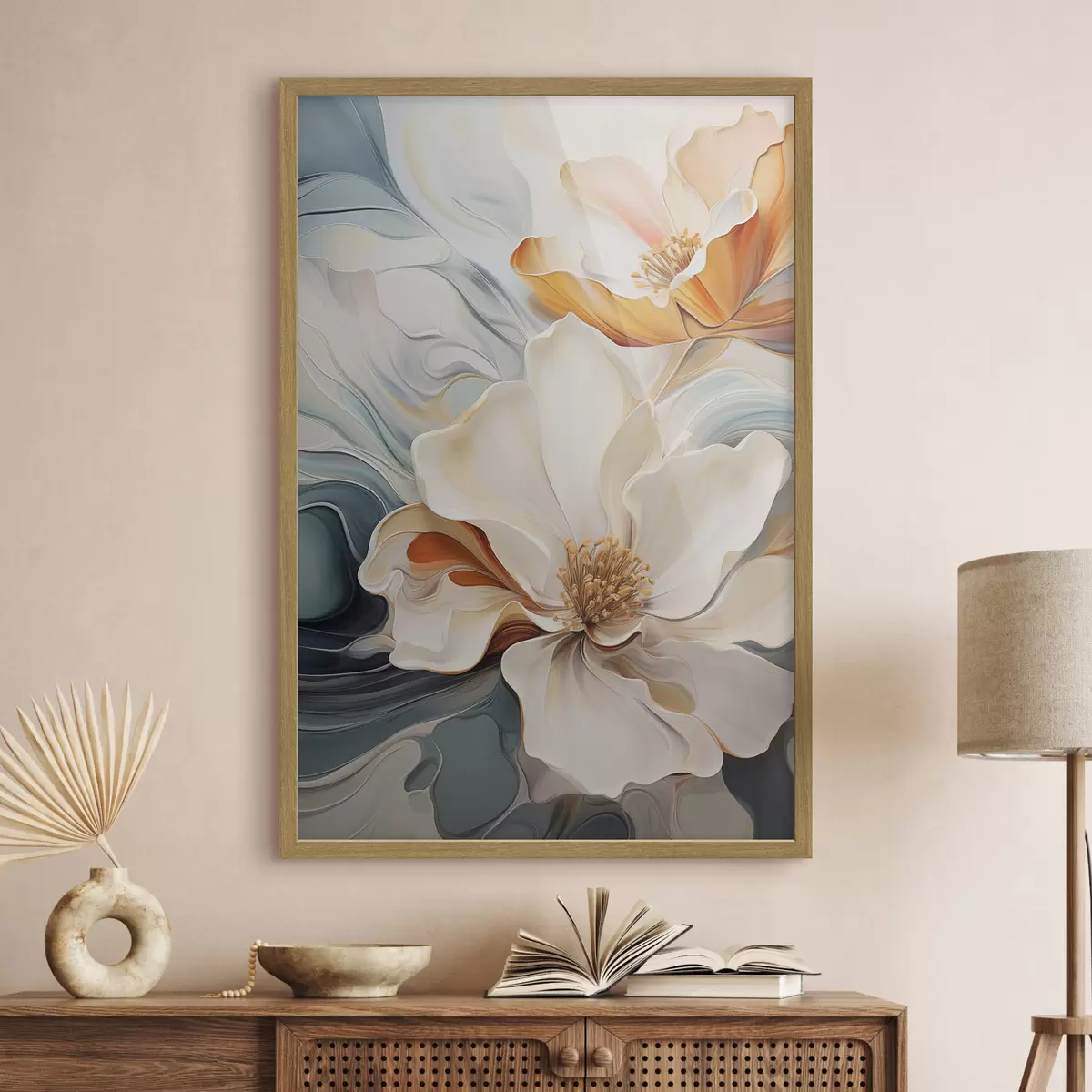 Poster Abstracte grote bloem met witte, oranje en blauwgroene bloemblaadjes, gestructureerde achtergrond f47878