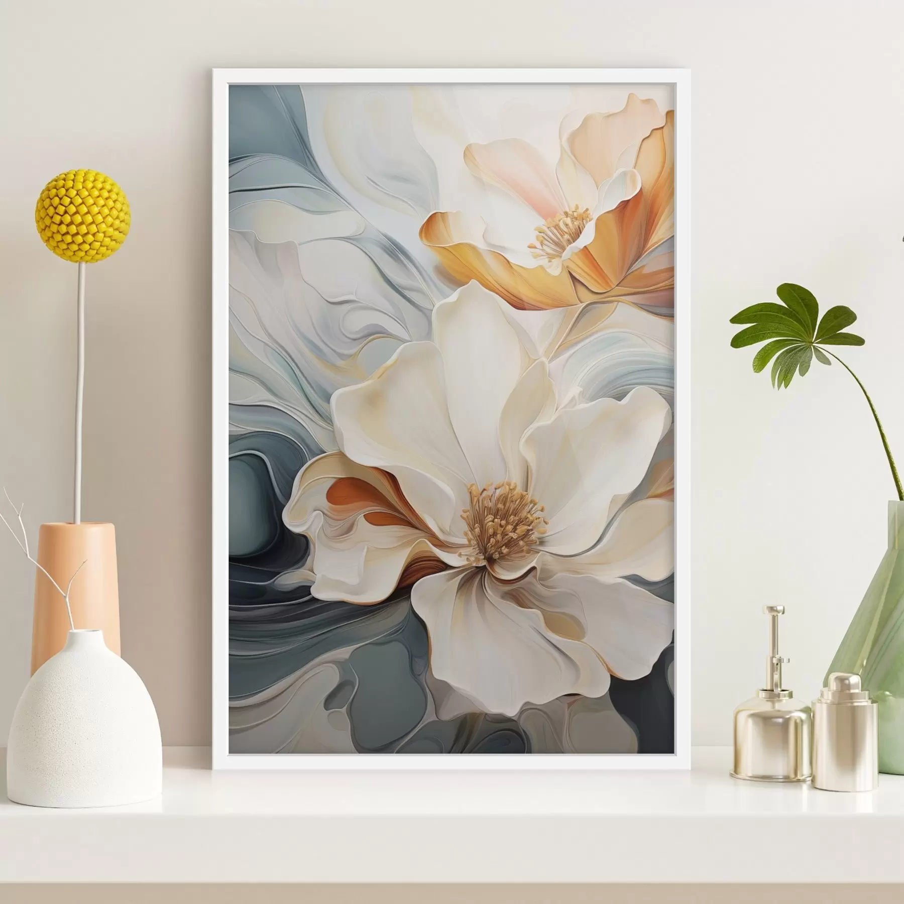 Fotobehang Abstracte grote bloem met witte, oranje en blauwgroene bloemblaadjes, gestructureerde achtergrond f47878