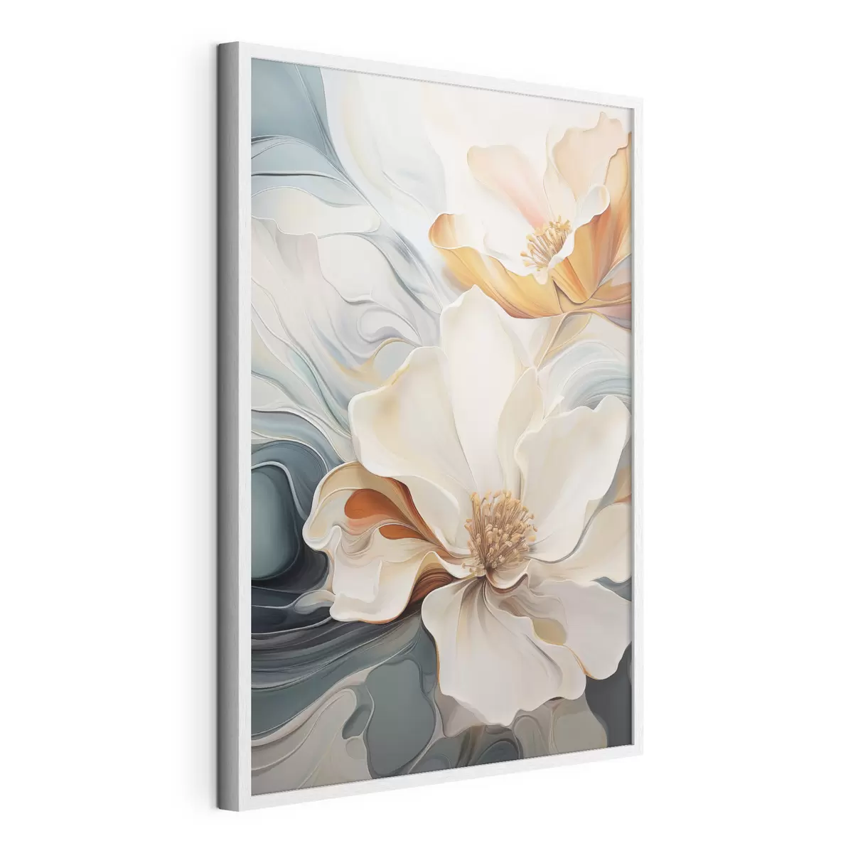 Poster Abstracte grote bloem met witte, oranje en blauwgroene bloemblaadjes, gestructureerde achtergrond f47878