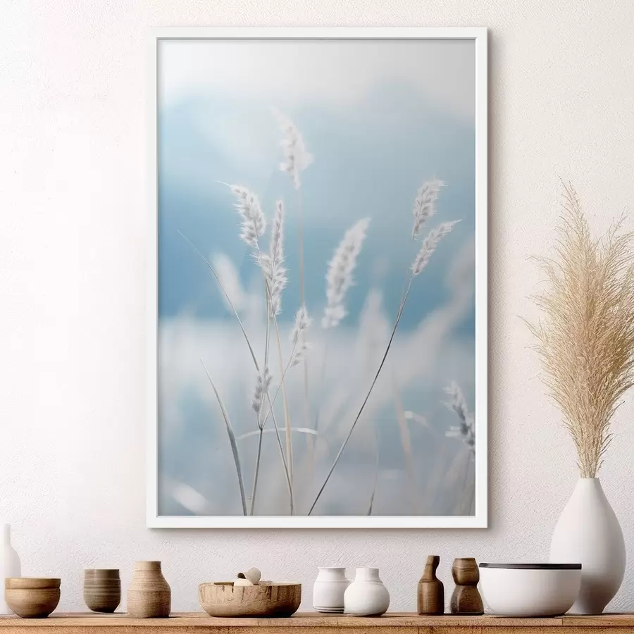 Fotobehang Wit pluizig gras tegen een zachtblauwe lucht, met een geringe scherptediepte f47880