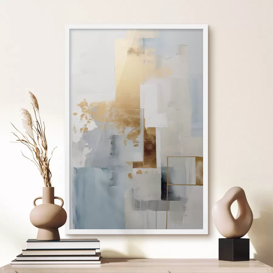 Fotobehang Abstracte geometrische vormen in geel, blauw en wit, met textuur en een minimalistische compositie. f47881