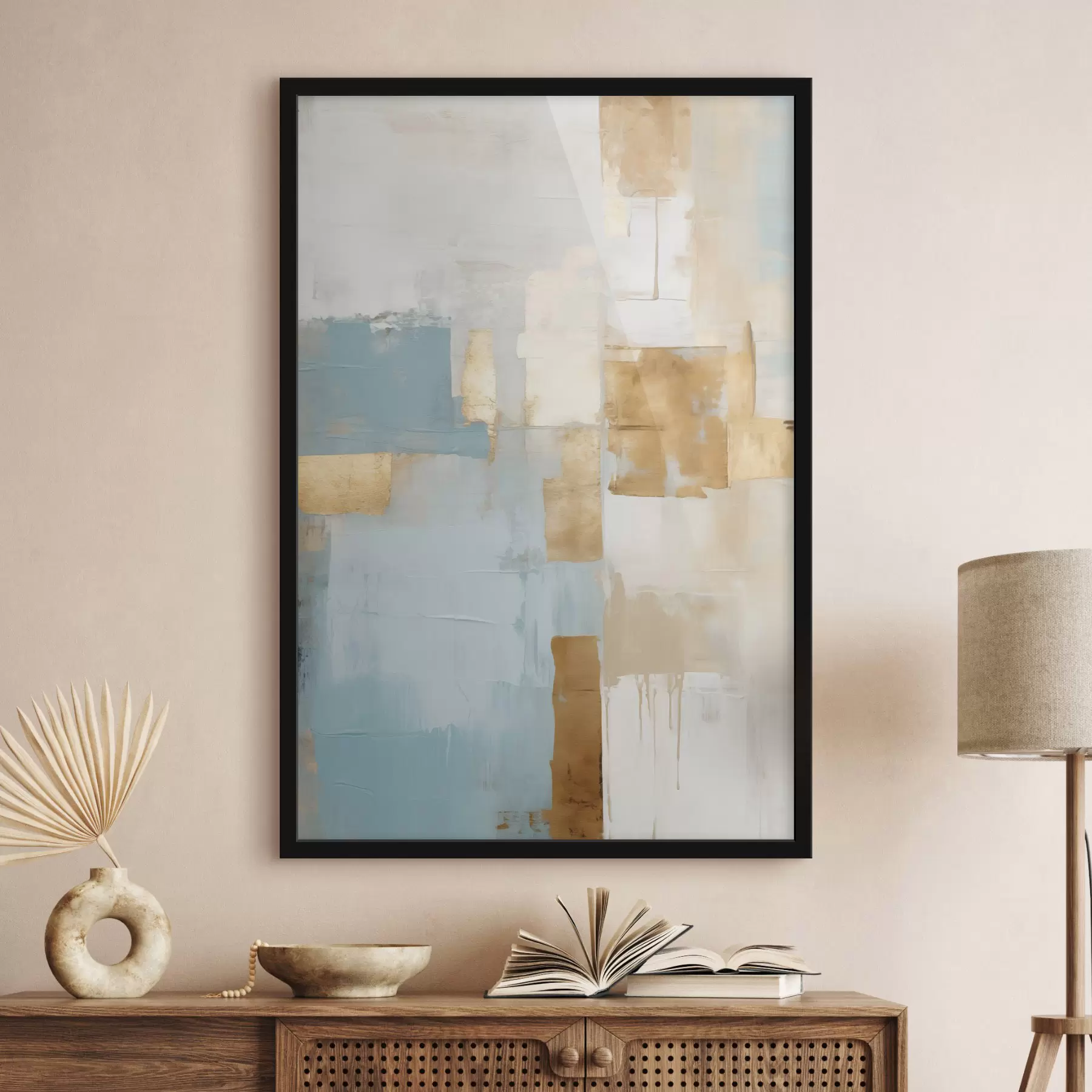Fotobehang Abstracte geometrische vormen in geel, blauw en wit, met textuur en een minimalistische compositie. f47882