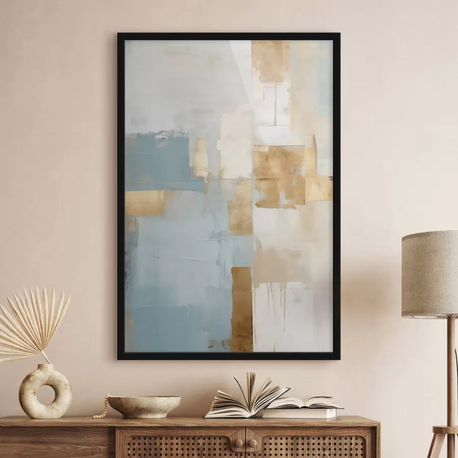 Fotobehang Abstracte geometrische vormen in geel, blauw en wit, met textuur en een minimalistische compositie. f47882