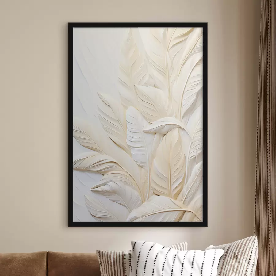 Fotobehang Crèmekleurige veren die elkaar overlappen, met een zachte, lichte achtergrond f47883