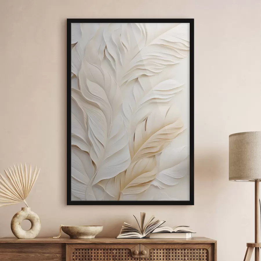 Fotobehang Crèmekleurige veren die elkaar overlappen, met een zachte, lichte achtergrond f47884