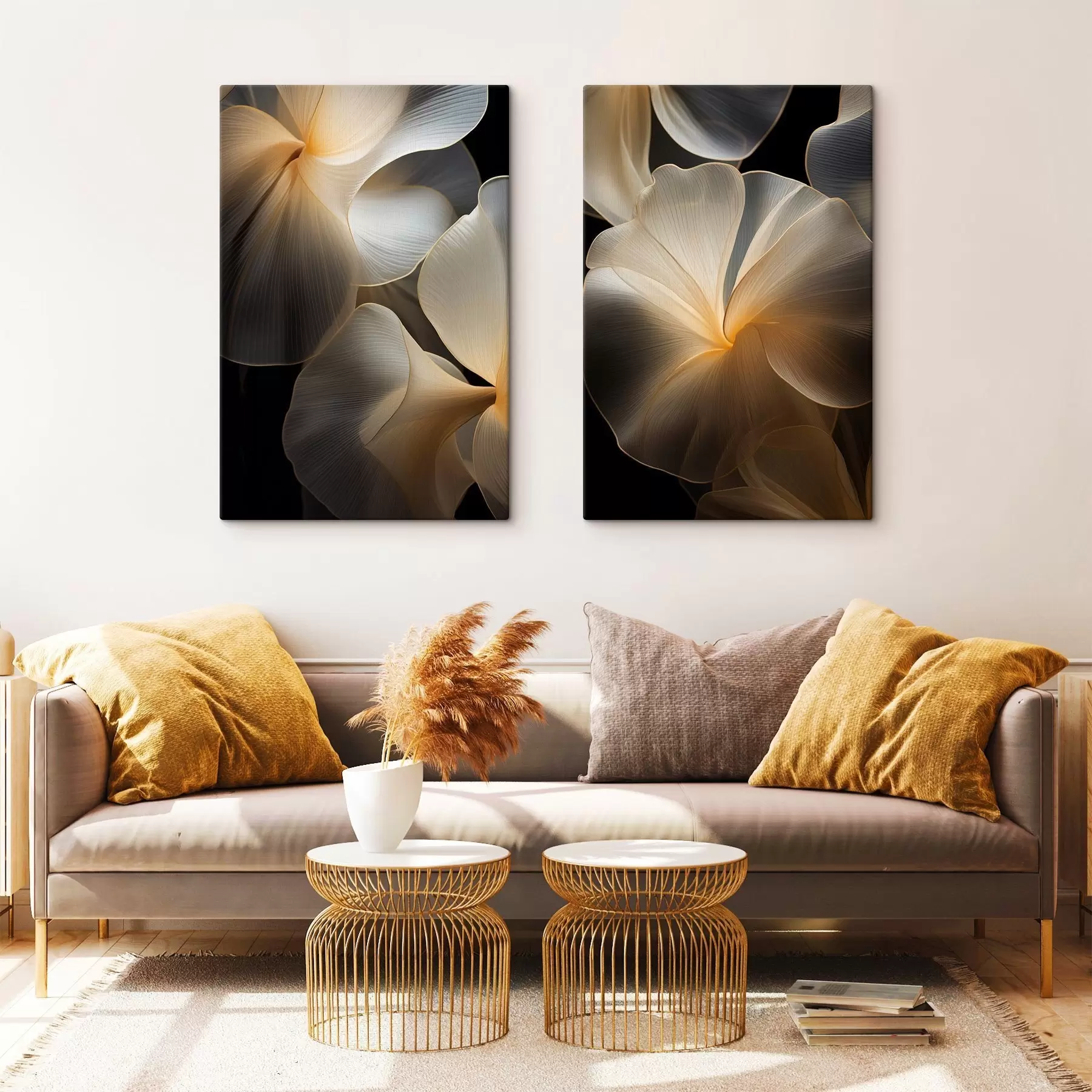  Schilderijen Abstracte, vloeiende, doorschijnende bloemblaadjes met delicate lijnen, tegen een donkere achtergrond m30050