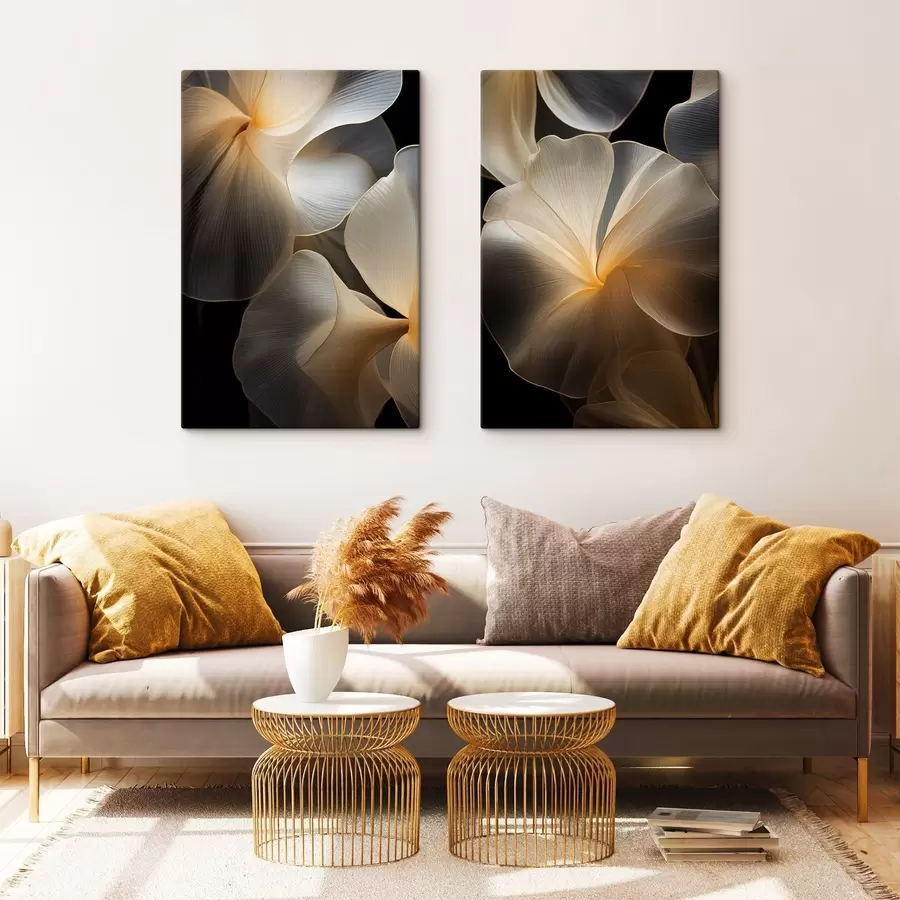  Schilderijen Abstracte, vloeiende, doorschijnende bloemblaadjes met delicate lijnen, tegen een donkere achtergrond m30050