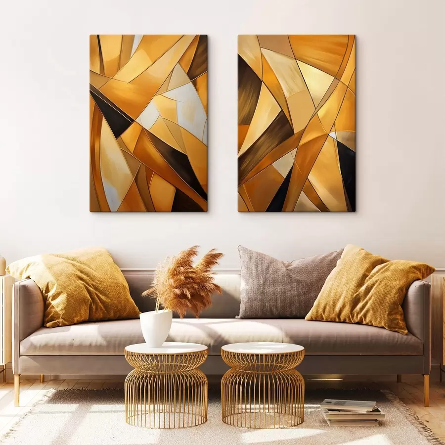  Schilderijen Abstracte geometrische vormen in tinten oranje, bruin en wit met dunne contouren op een gestructureerde achtergrond m30052