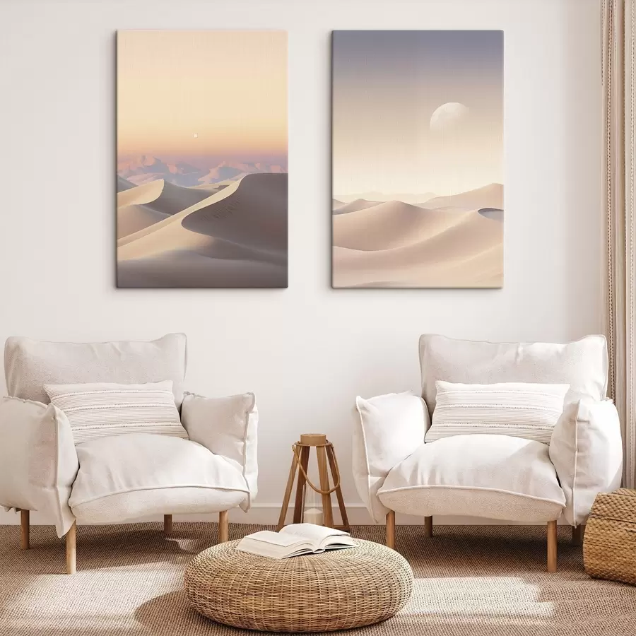  Schilderijen Een woestijnlandschap met glooiende zandduinen onder een zachte pastelkleurige lucht, met in de verte bergen op de achtergrond. m30053