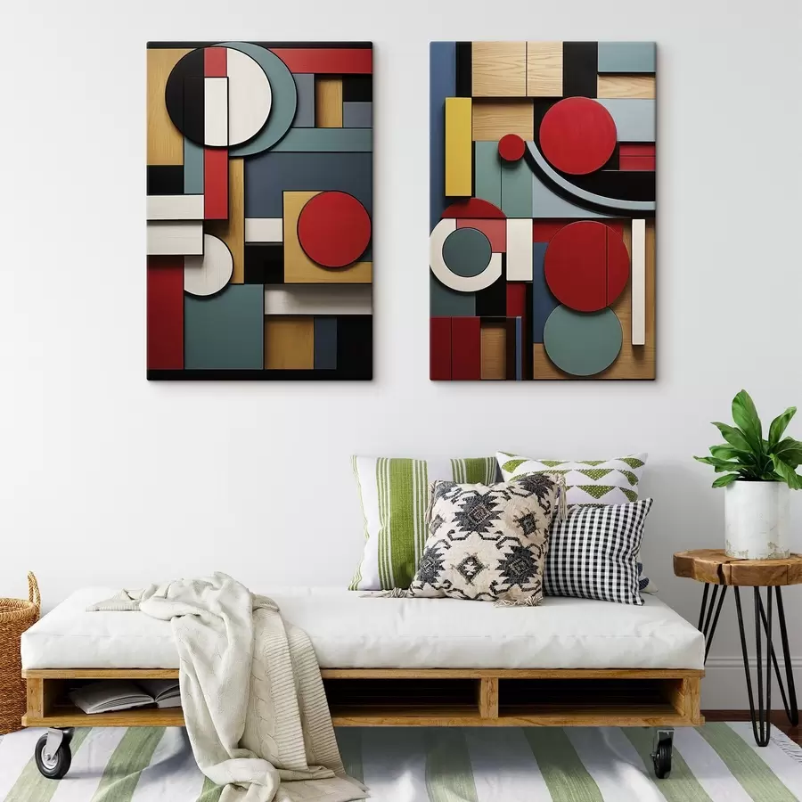  Schilderijen Abstracte geometrische compositie met imitatie van houtstructuur, rode, zwarte, witte en blauwgroene rechthoeken en cirkels m30058