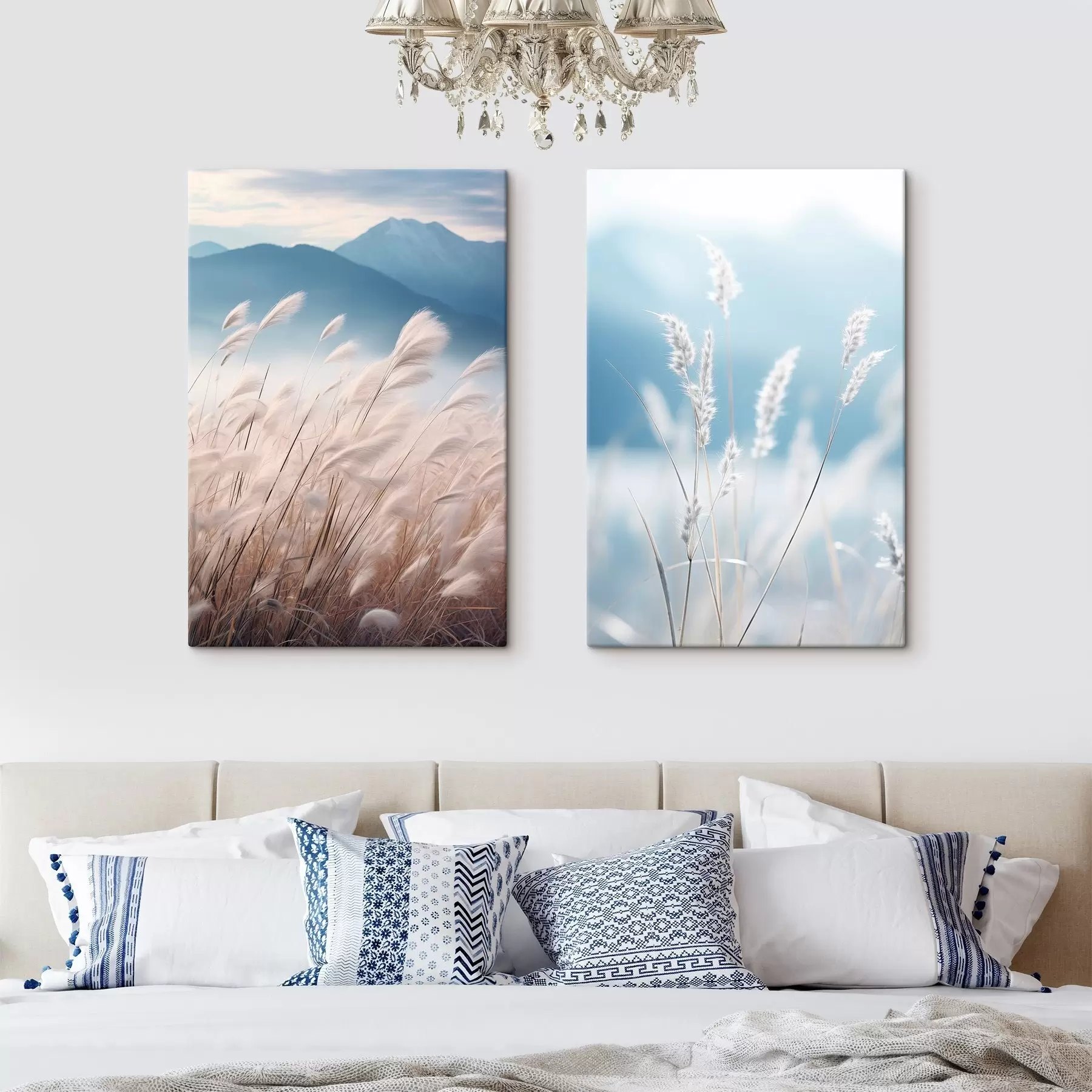  Schilderijen Hoog, wit pampagras dat in de wind wappert met zachte blauwe bergen op de achtergrond m30060
