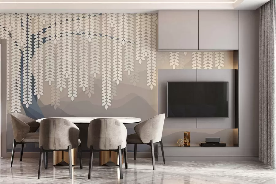 Fotobehang gestileerde wilg met hangende bladeren tegen een achtergrond van minimalistische bergen in beige en blauwgroene tinten w05232