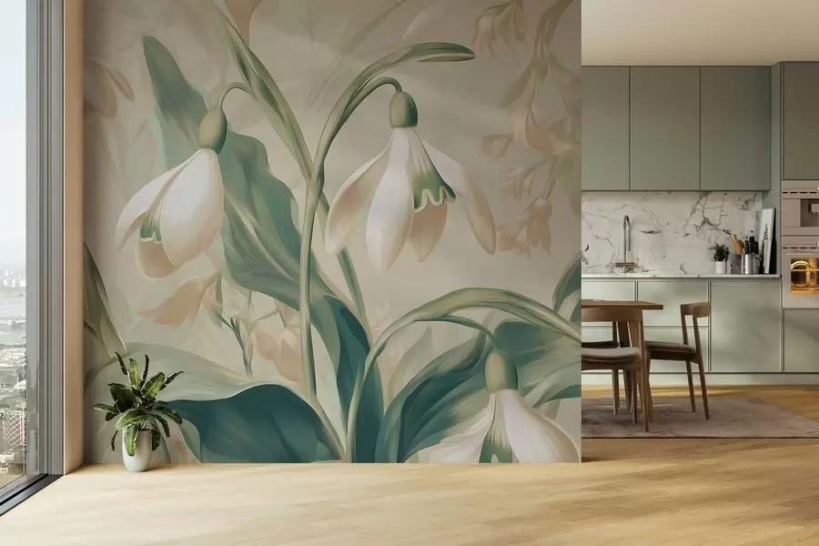 Fotobehang bloeiende sneeuwklokjes op een beige achtergrond w05234