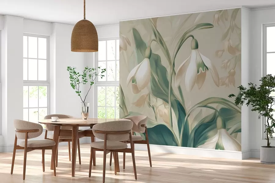 Fotobehang bloeiende sneeuwklokjes op een beige achtergrond w05234