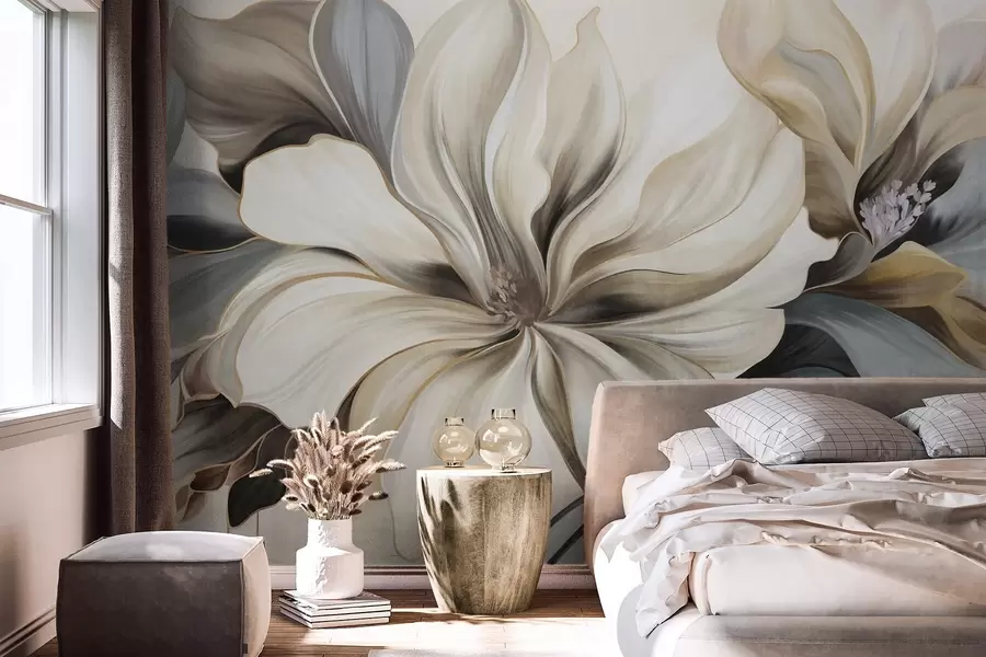 Fotobehang Grote, crèmekleurige magnoliabloemen met bruine en grijze bladeren, zachte verlichting, abstracte achtergrond w09749