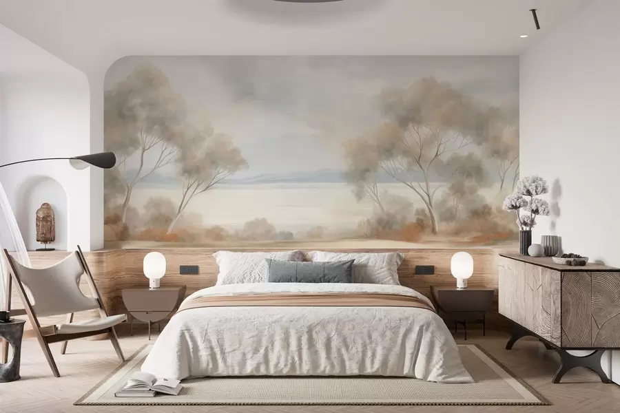 Fotobehang Een landschapsschilderij met textuur, met bomen onder een bewolkte hemel w09753