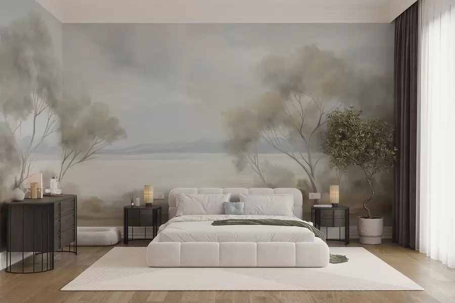 Fotobehang Een landschapsschilderij met textuur, met bomen onder een bewolkte hemel w09753