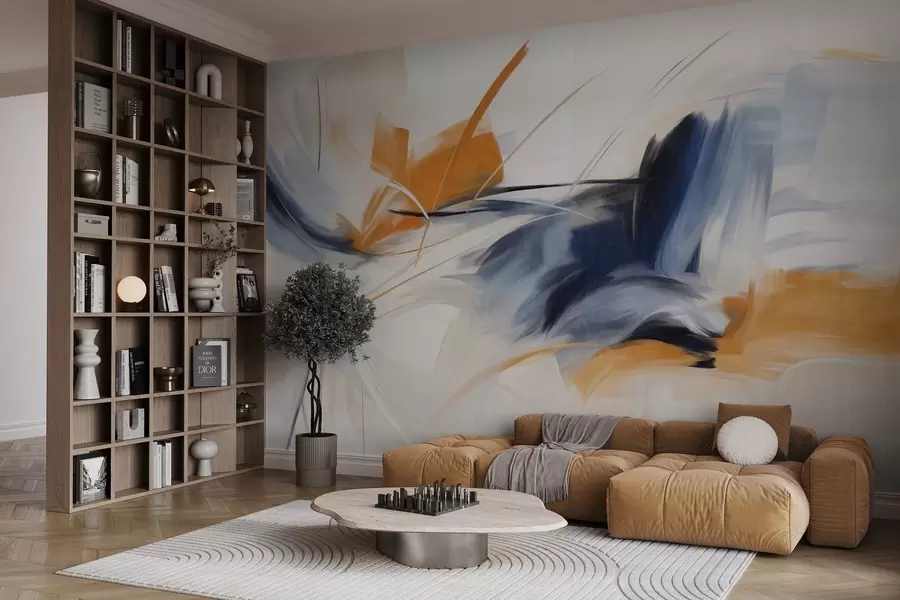 Fotobehang Abstracte schilderstijl met oranje en blauwe penseelstreken met textuur w09755