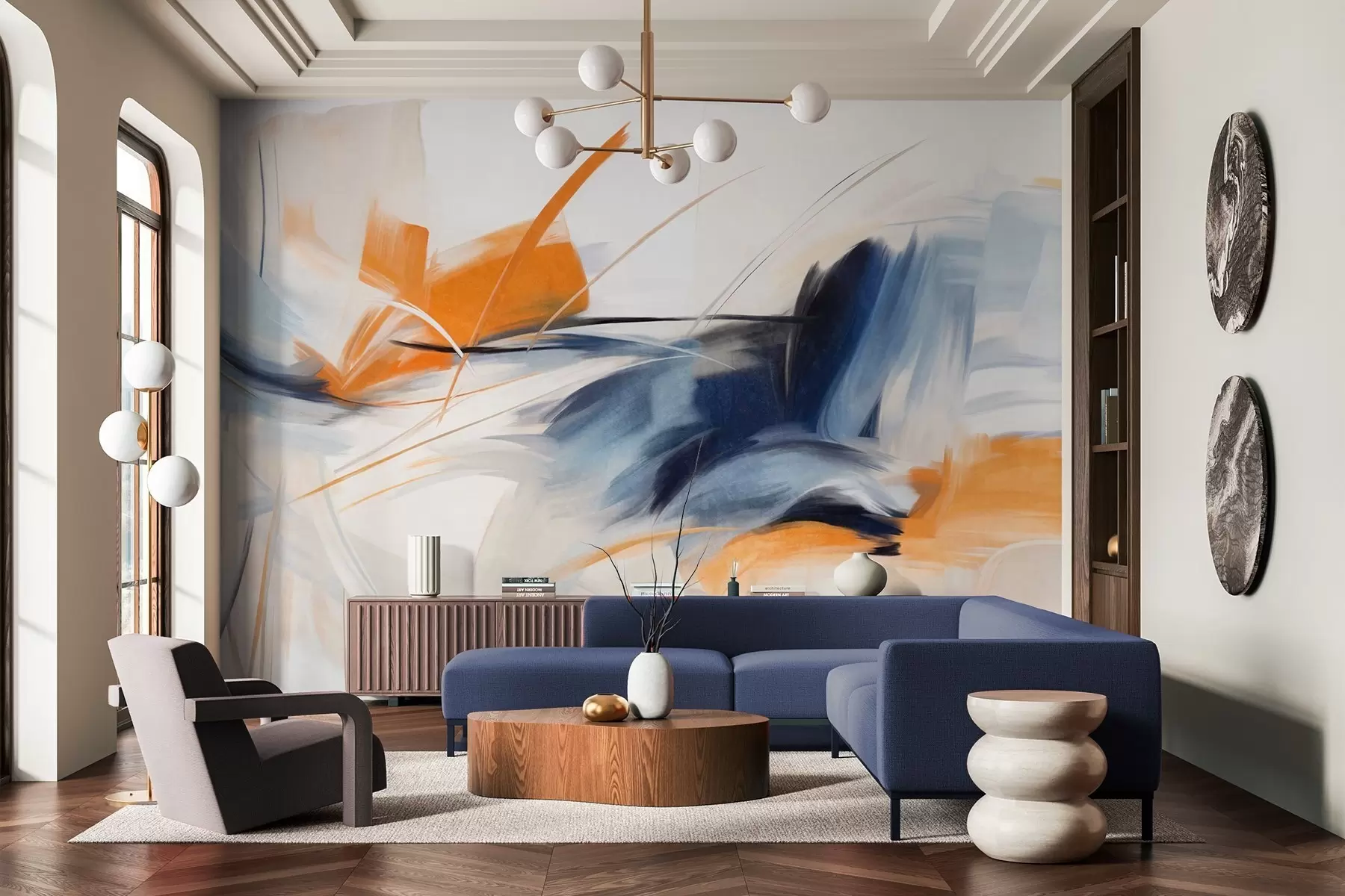 Fotobehang Abstracte schilderstijl met oranje en blauwe penseelstreken met textuur w09755