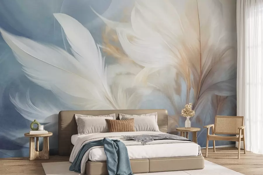 Fotobehang Zachte, witte veren met textuur en wazig pampagras met blauwe en witte achtergrond w09758
