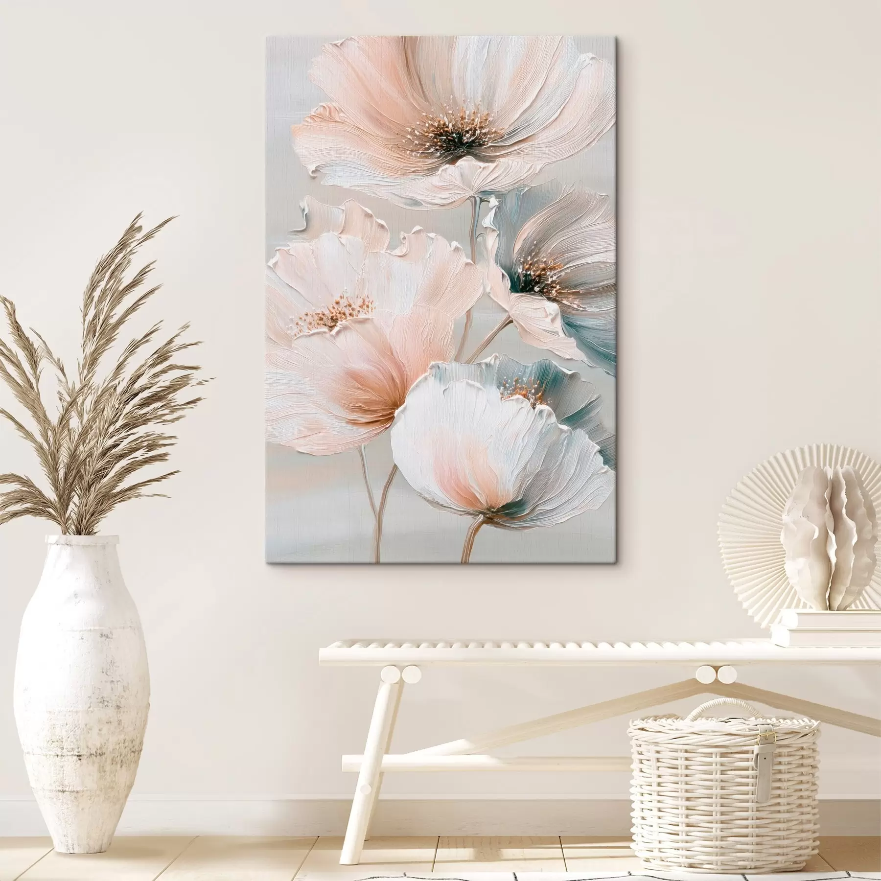 Fotobehang Bloemcompositie met gestructureerde penseelstreken in een beige-roze kleurenpalet s47961