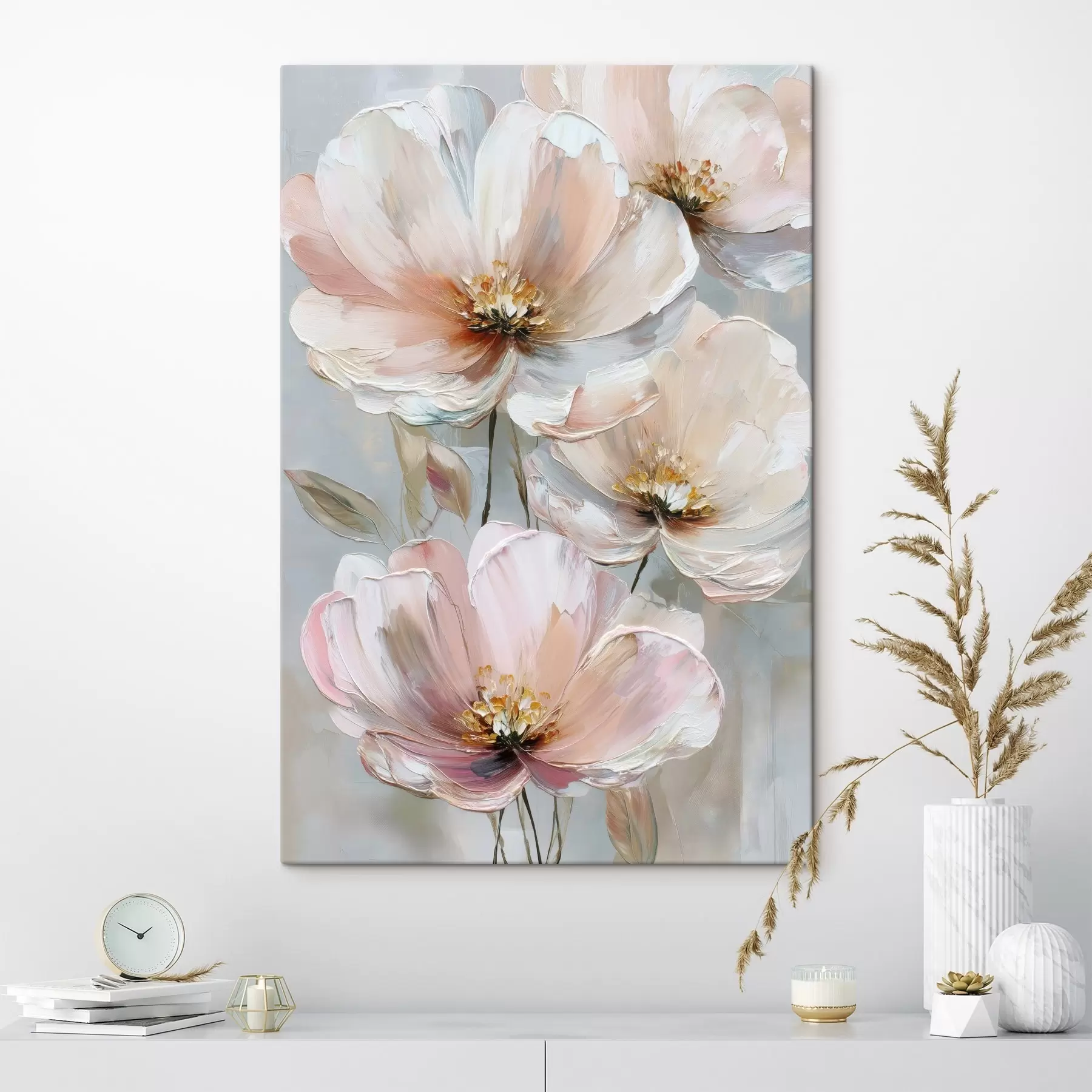  Schilderijen Witroze bloemen met expressieve penseelstreken in een olieverfstijl s47962