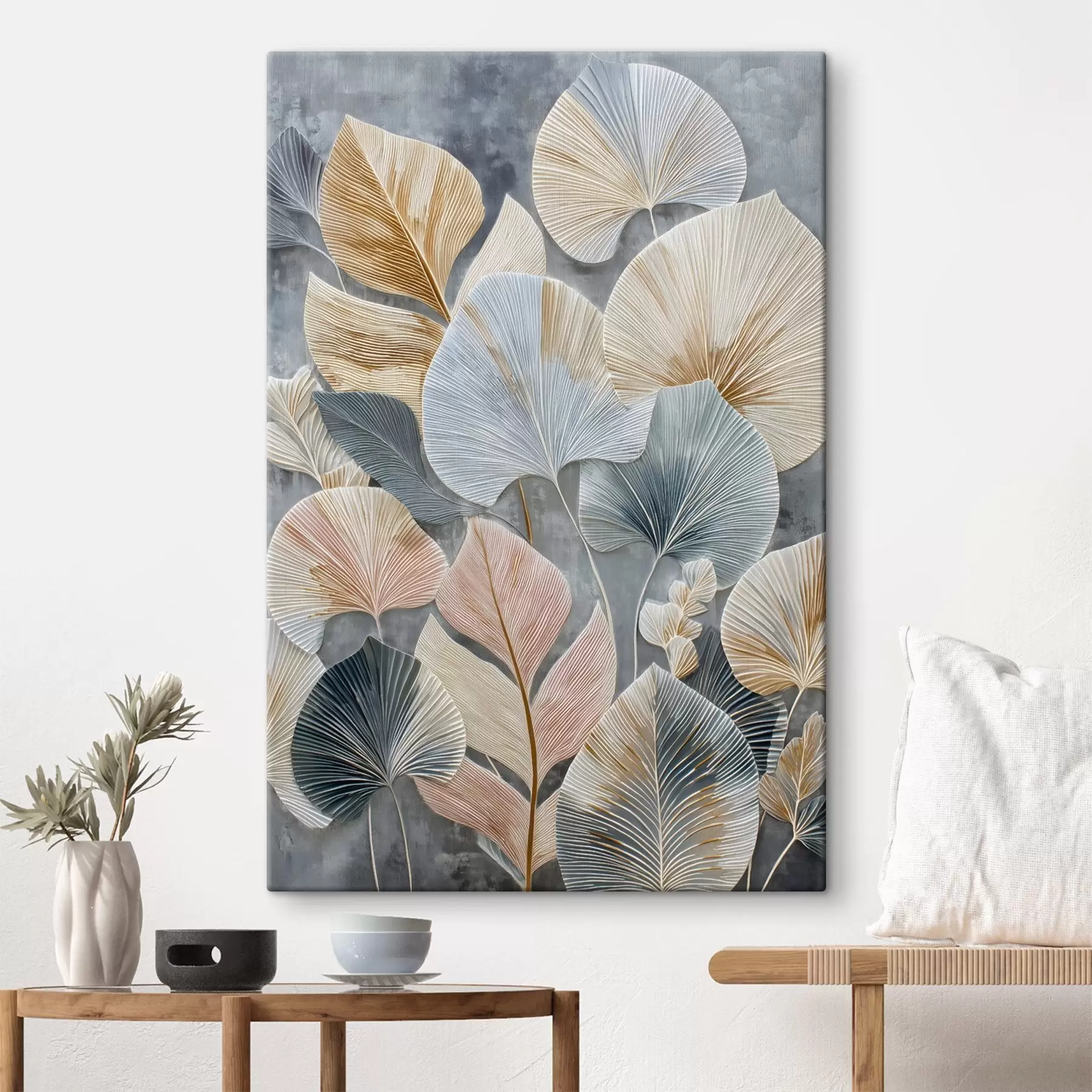  Schilderijen Veelkleurig decoratief blad met uitgesproken textuur op een donkere achtergrond s47964