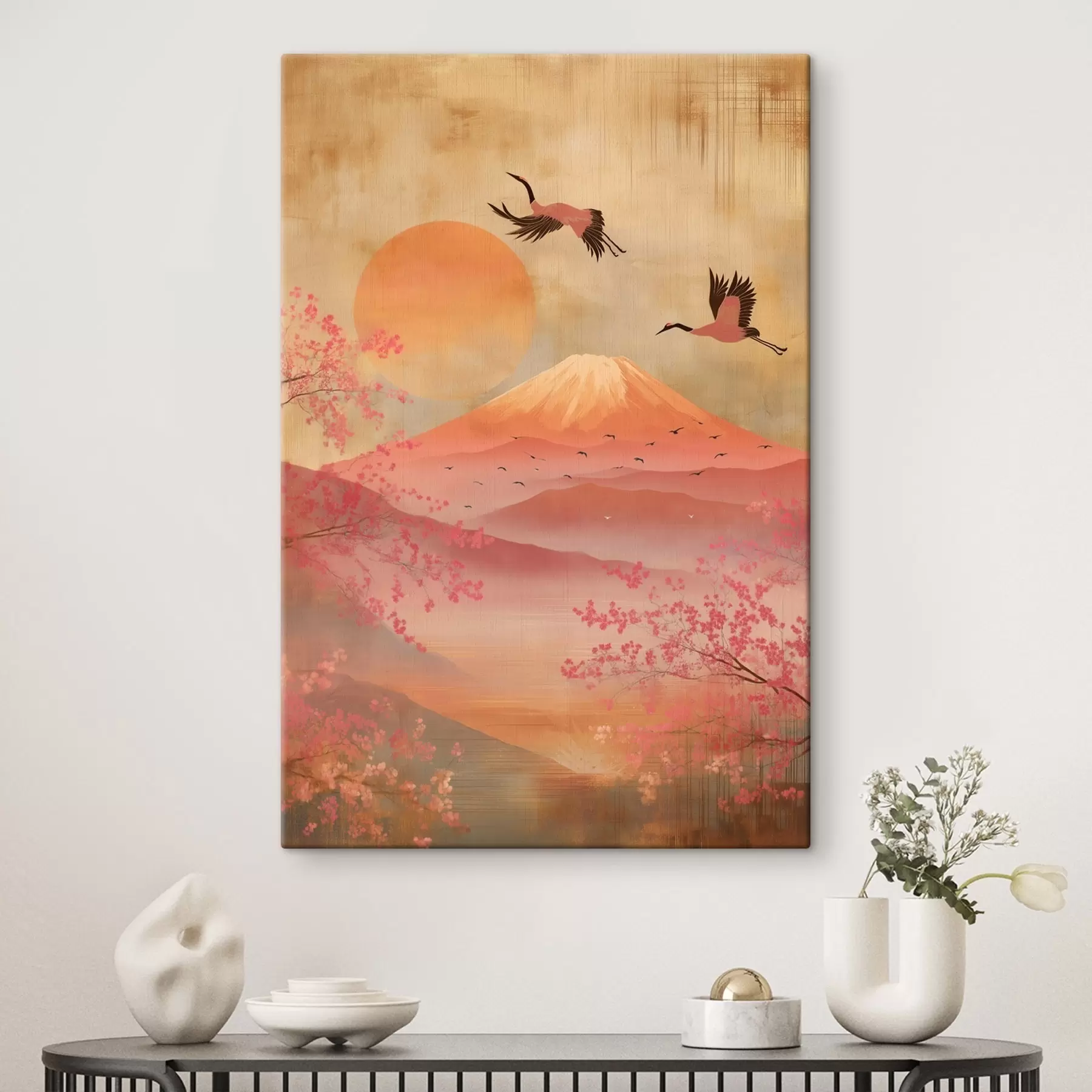  Schilderijen Kranen tegen de zon en bergen: illustratie in digitale kunststijl s47992