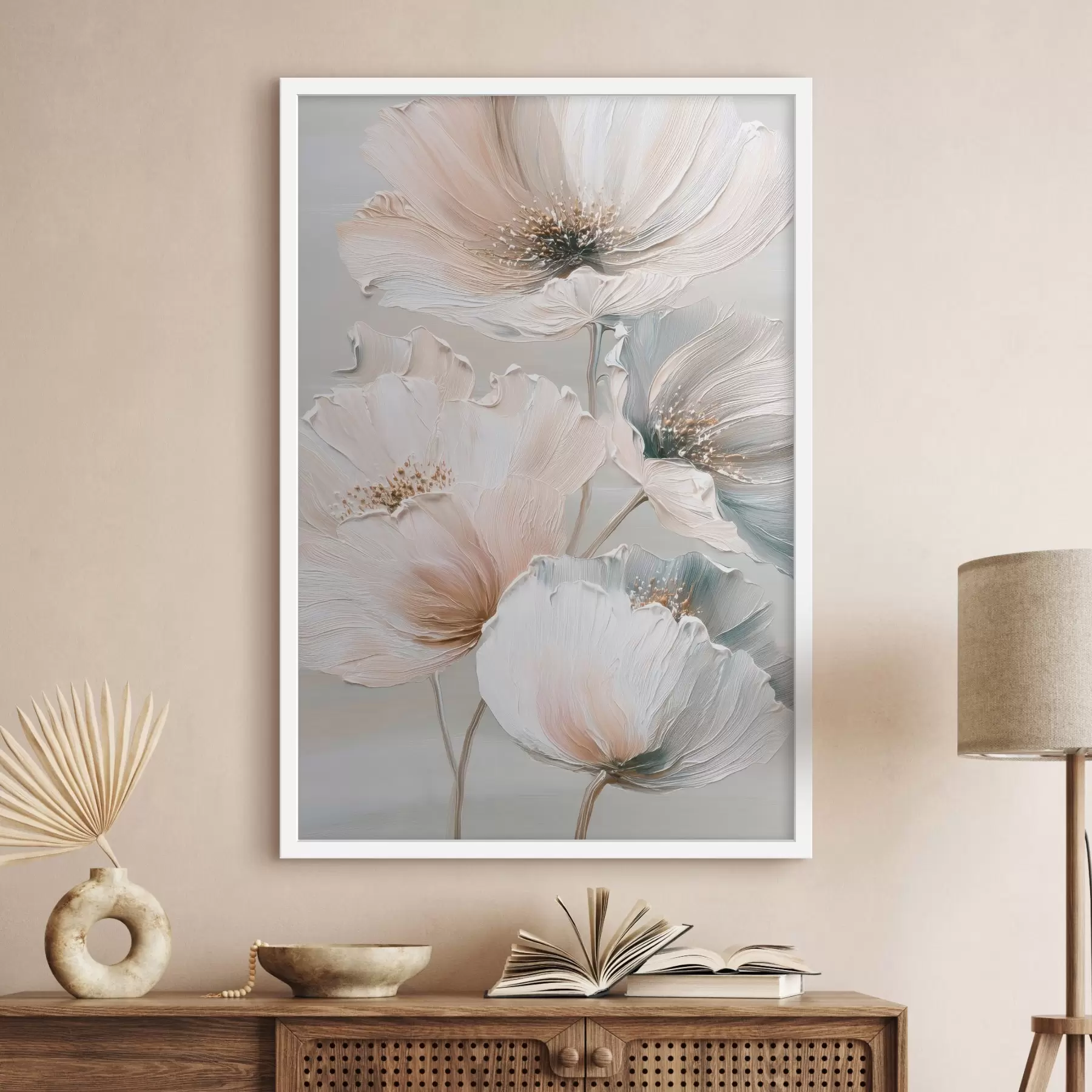 Fotobehang Bloemcompositie met gestructureerde penseelstreken in een beige-roze kleurenpalet f47961