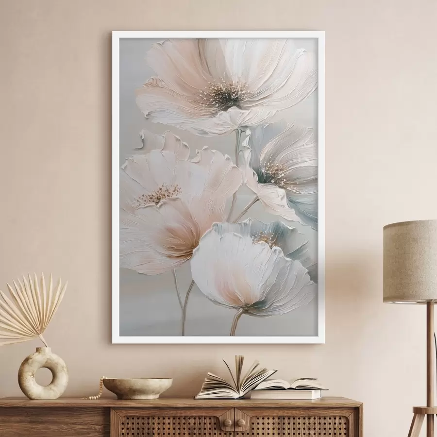 Fotobehang Bloemcompositie met gestructureerde penseelstreken in een beige-roze kleurenpalet f47961