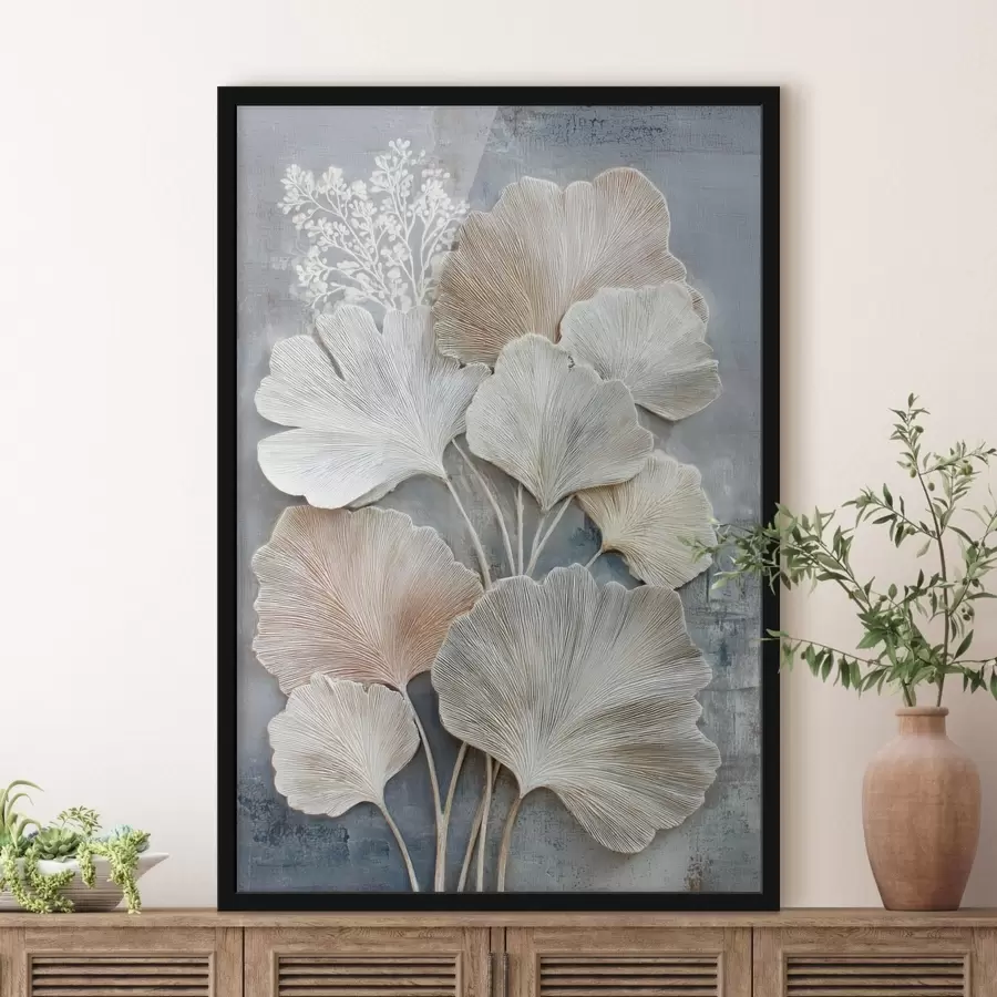 Fotobehang Abstracte bloemcompositie in een beige-blauw kleurenpalet f47963