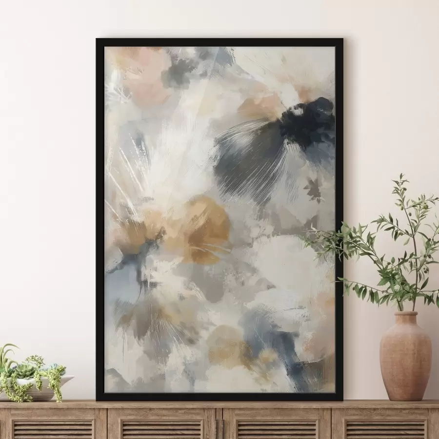 Fotobehang Artistieke compositie met grote bloemen en lineaire grafische elementen f47971