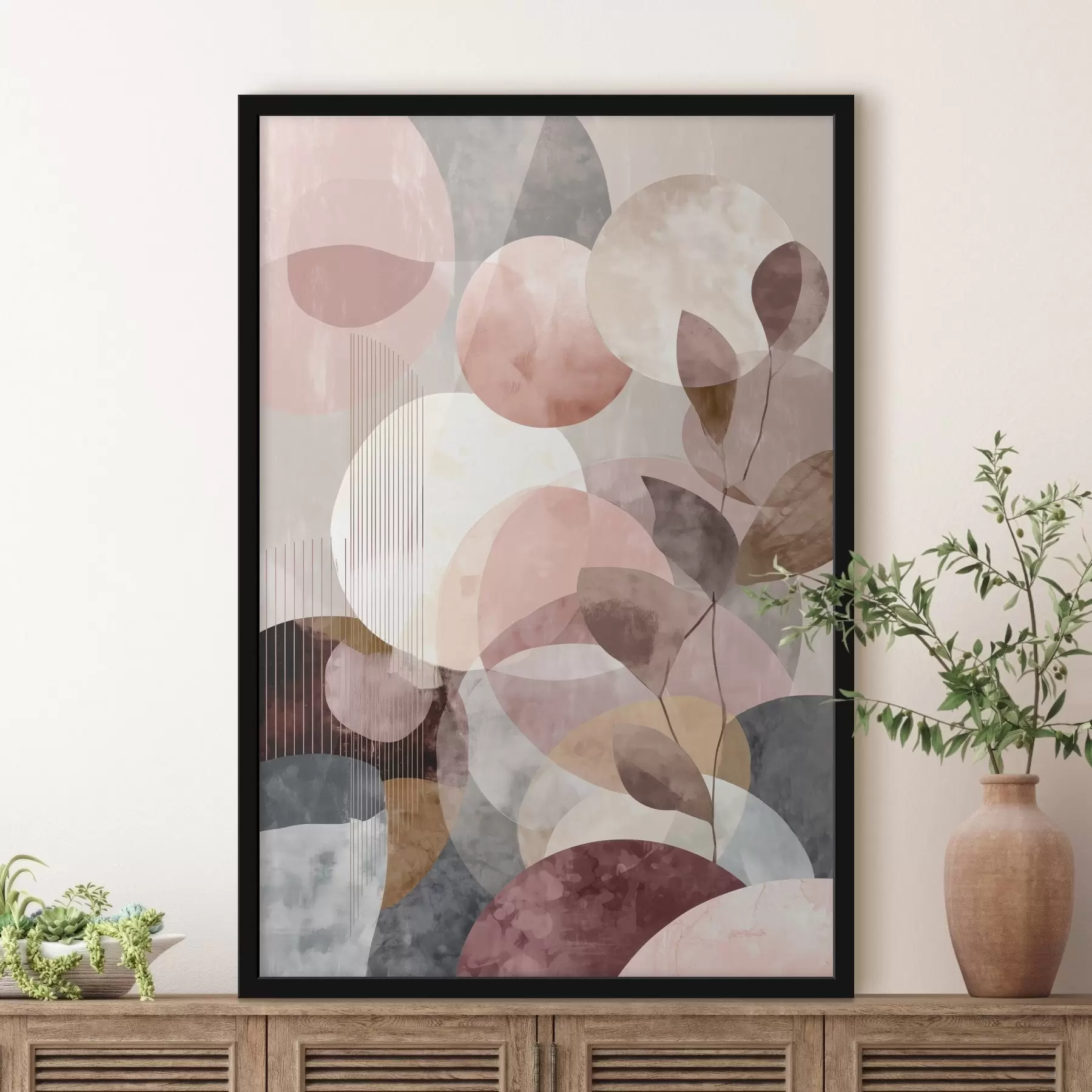 Fotobehang Geometrische vormen en botanische elementen in een moderne minimalistische stijl f47975