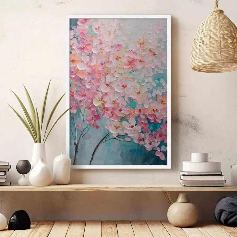 Fotobehang Tak met roze bloemen op een blauwe achtergrond in olieverfstijl f47987