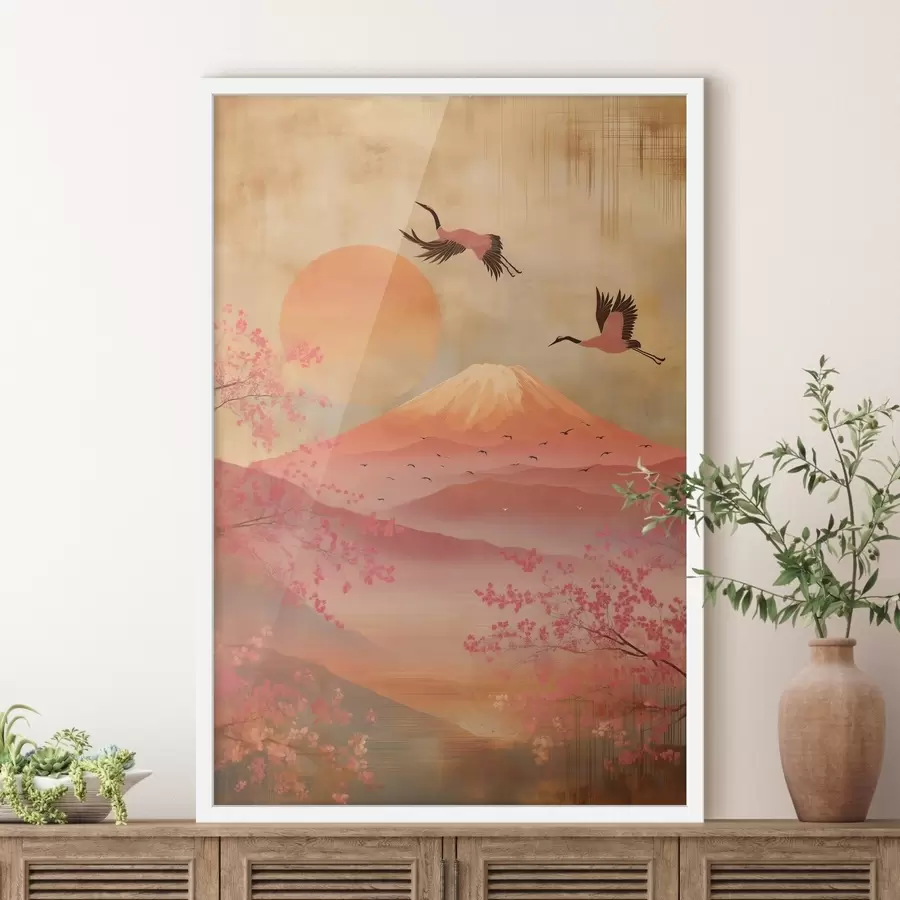 Fotobehang Kranen tegen de zon en bergen: illustratie in digitale kunststijl f47992