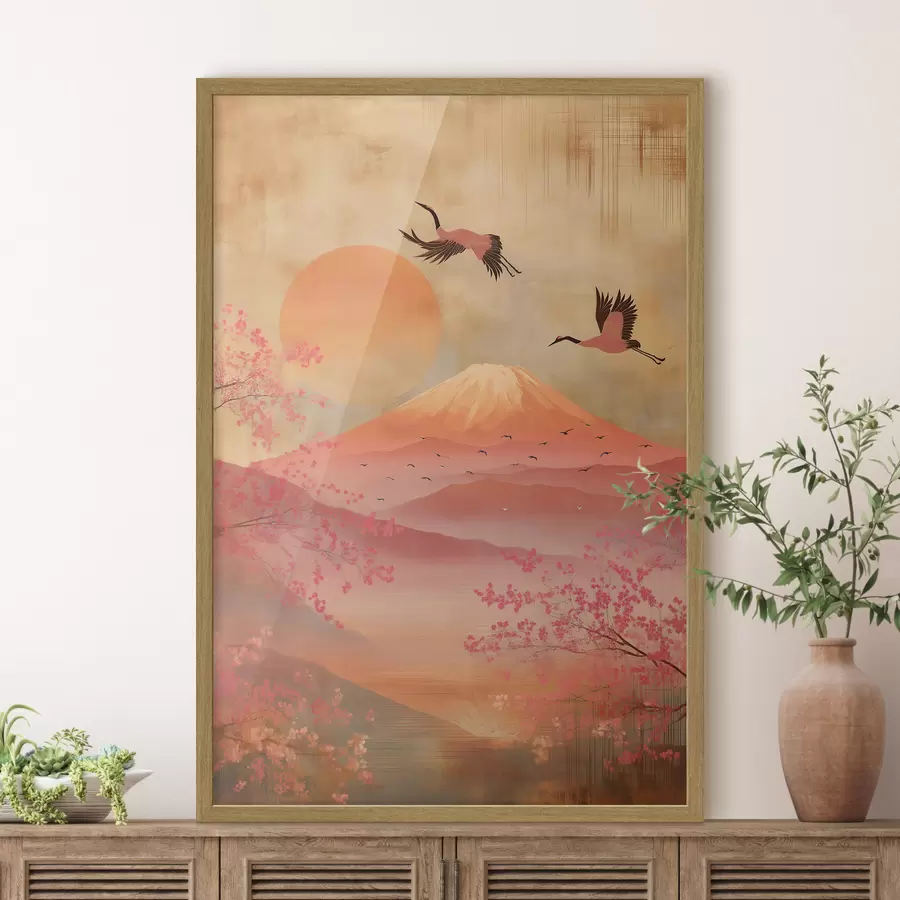 Fotobehang Kranen tegen de zon en bergen: illustratie in digitale kunststijl f47992