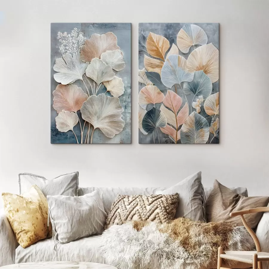  Schilderijen Abstracte compositie met decoratief gebladerte in een grijs-beige kleurenpalet m30030