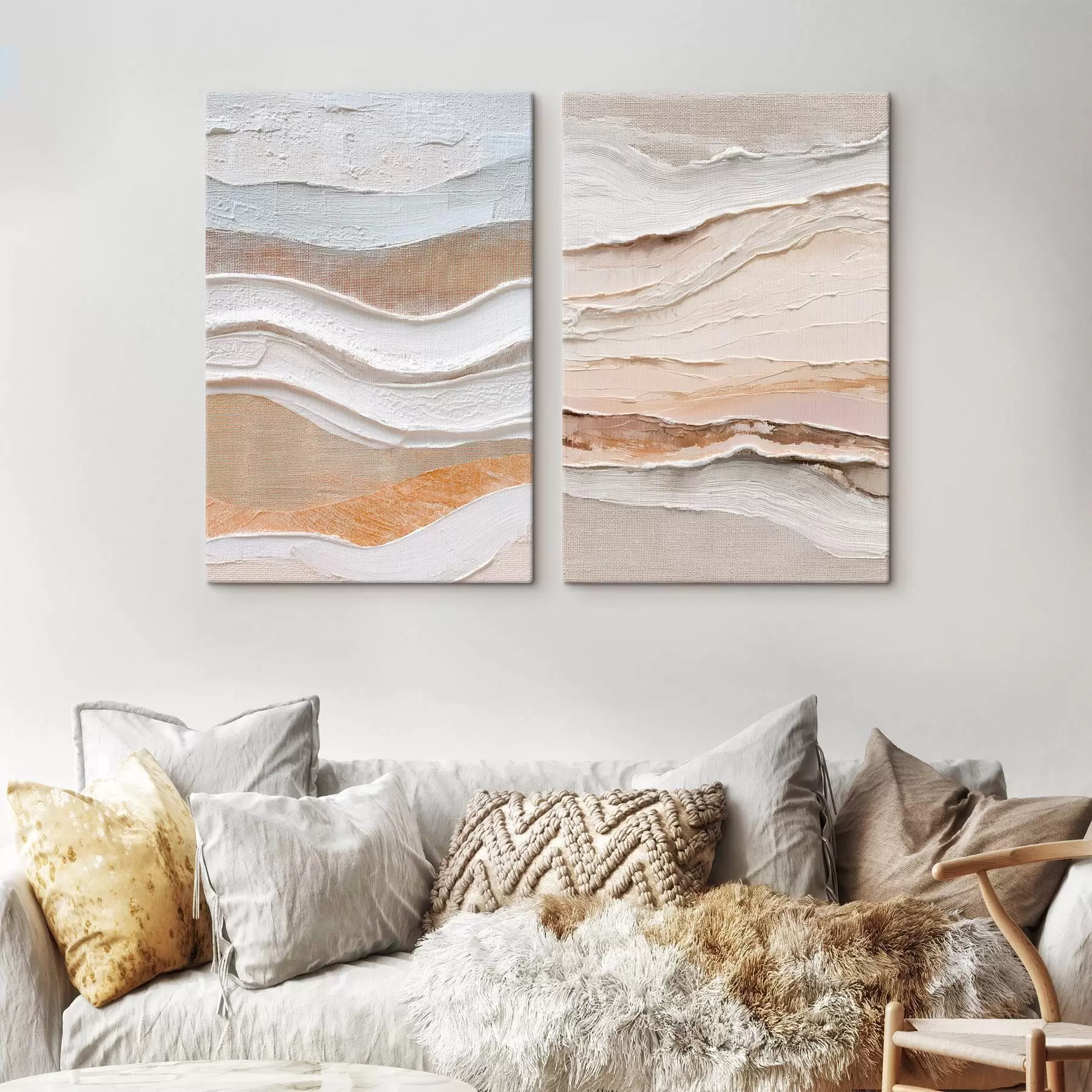  Schilderijen Minimalistisch tweeluik met golvende textuur op een linnen achtergrond m30031