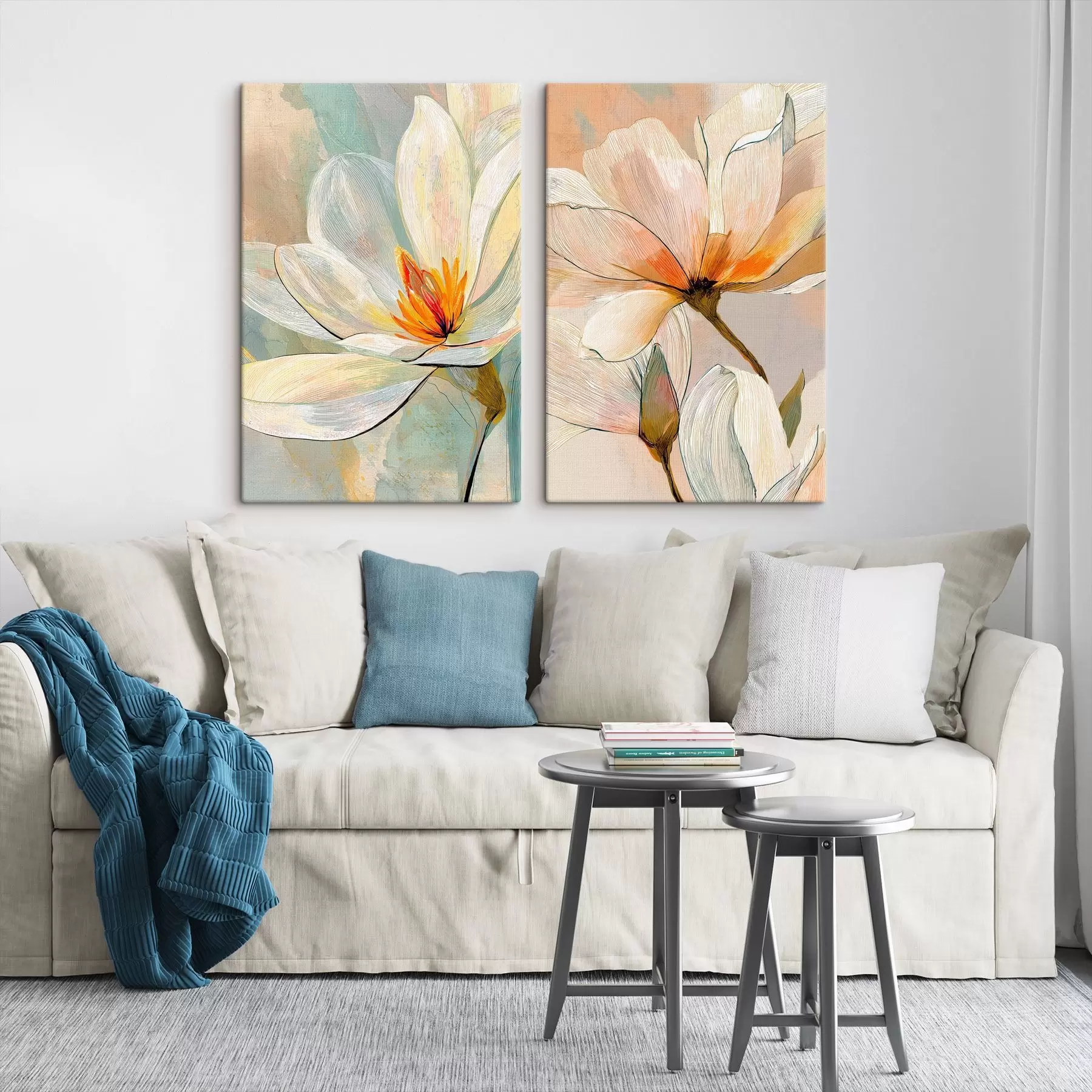  Schilderijen Magnolia's met grafische contouren in een moderne illustratiestijl m30032