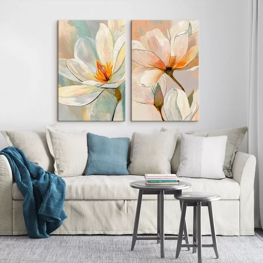  Schilderijen Magnolia's met grafische contouren in een moderne illustratiestijl m30032