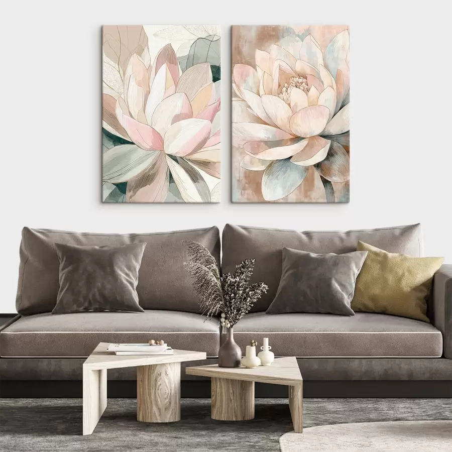  Schilderijen Bloemstuk met grote lotusbloemen in een pastel-koraalkleurig palet m30034