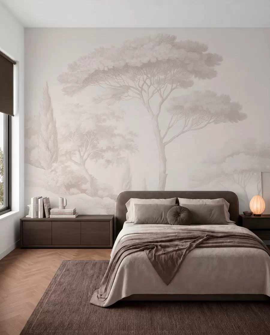 Fotobehang Rustig boslandschap in een beige kleurenpalet w09685