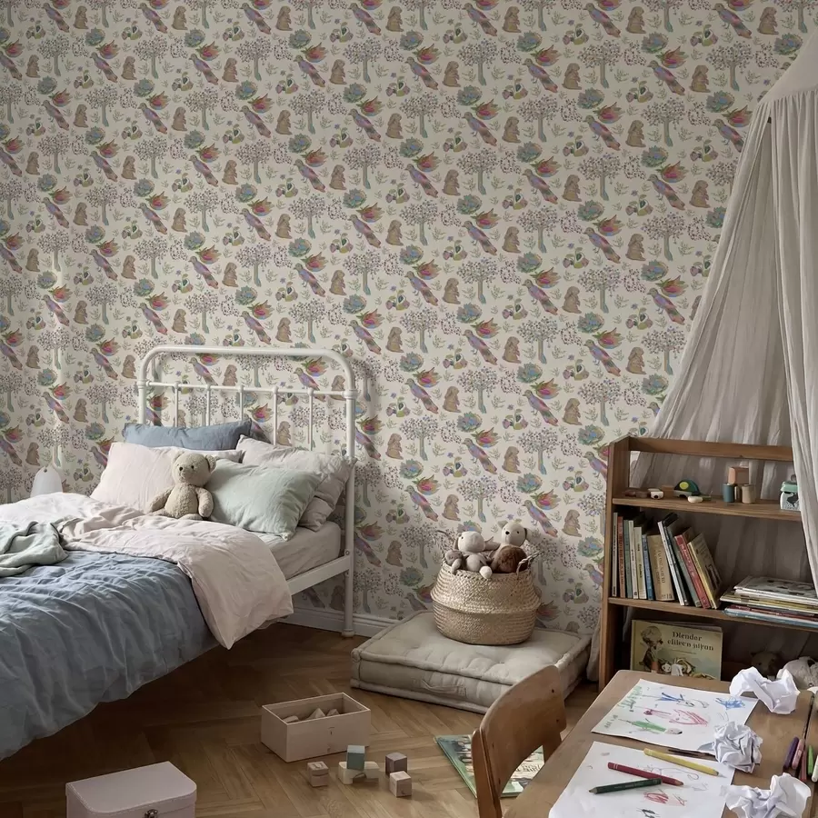 Fotobehang Kleurrijk kinderpatroon met vogels en konijnen a01127