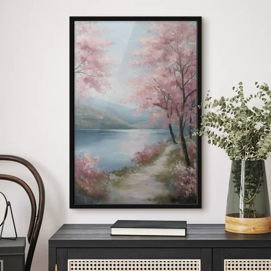 Fotobehang landschap met roze bomen in olieverfstijl f48289