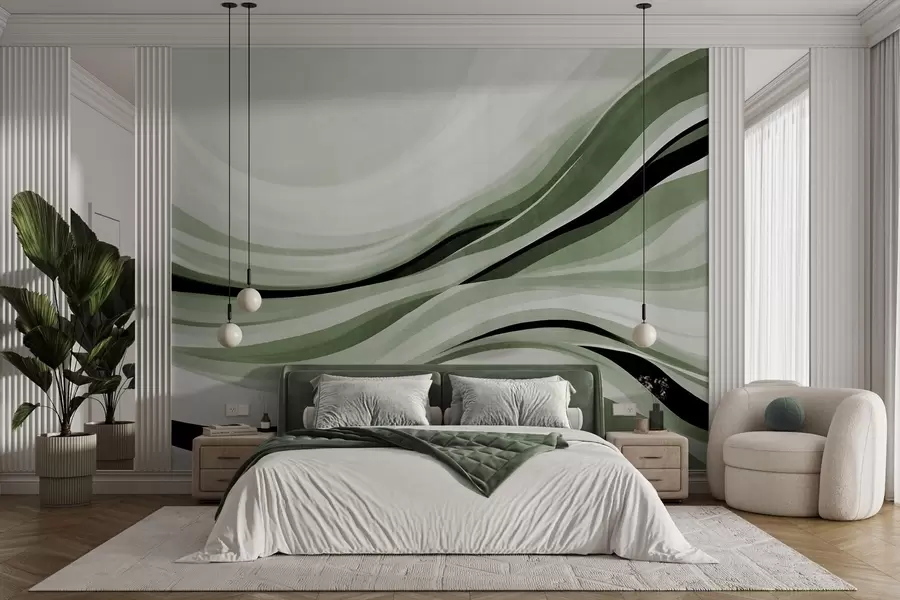 Fotobehang Abstracte golvende lijnen in groene en zwarte tinten tegen een lichte achtergrond, kunst met textuur w09748v1