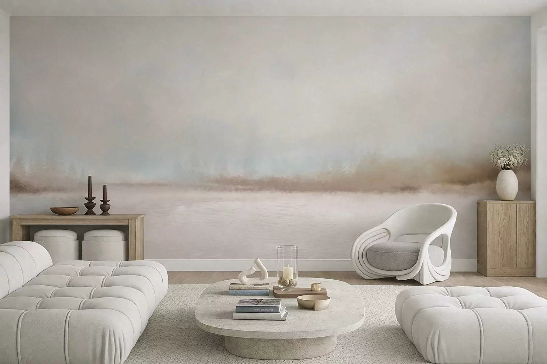 Fotobehang Mistig landschap met meer en bos w05319