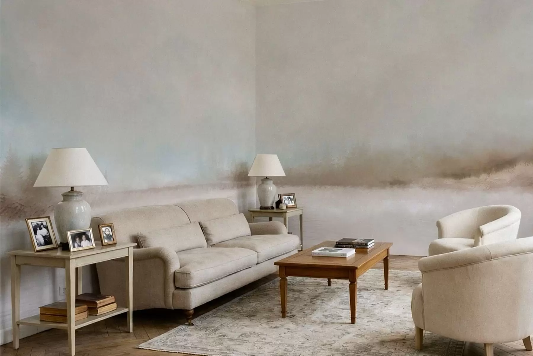 Fotobehang Mistig landschap met meer en bos w05319