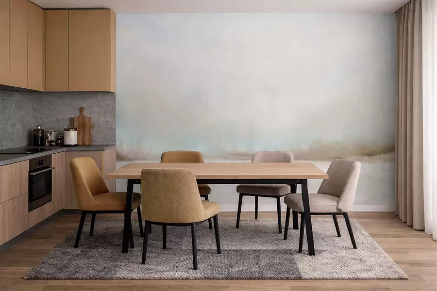 Fotobehang Mistig landschap met meer en bos w05319