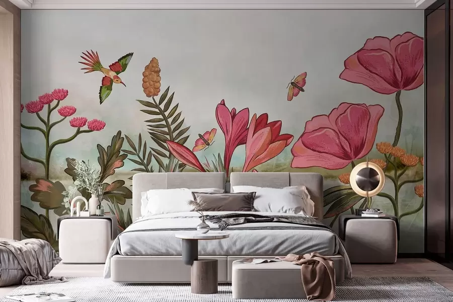 Fotobehang Heldere bloemen met vogels en vlinders w05321