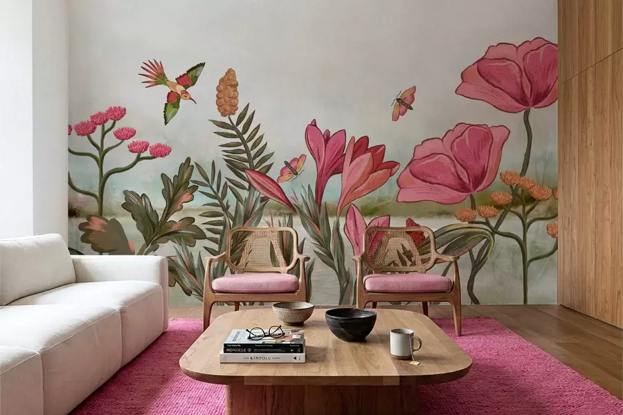 Fotobehang Heldere bloemen met vogels en vlinders w05321